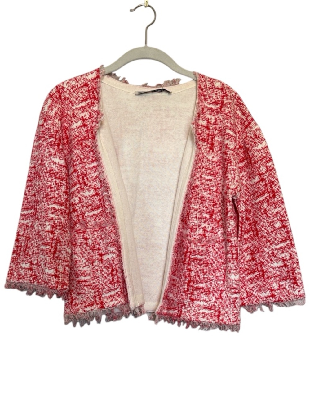 Zara Red and White Cotton Tweed Cardigan